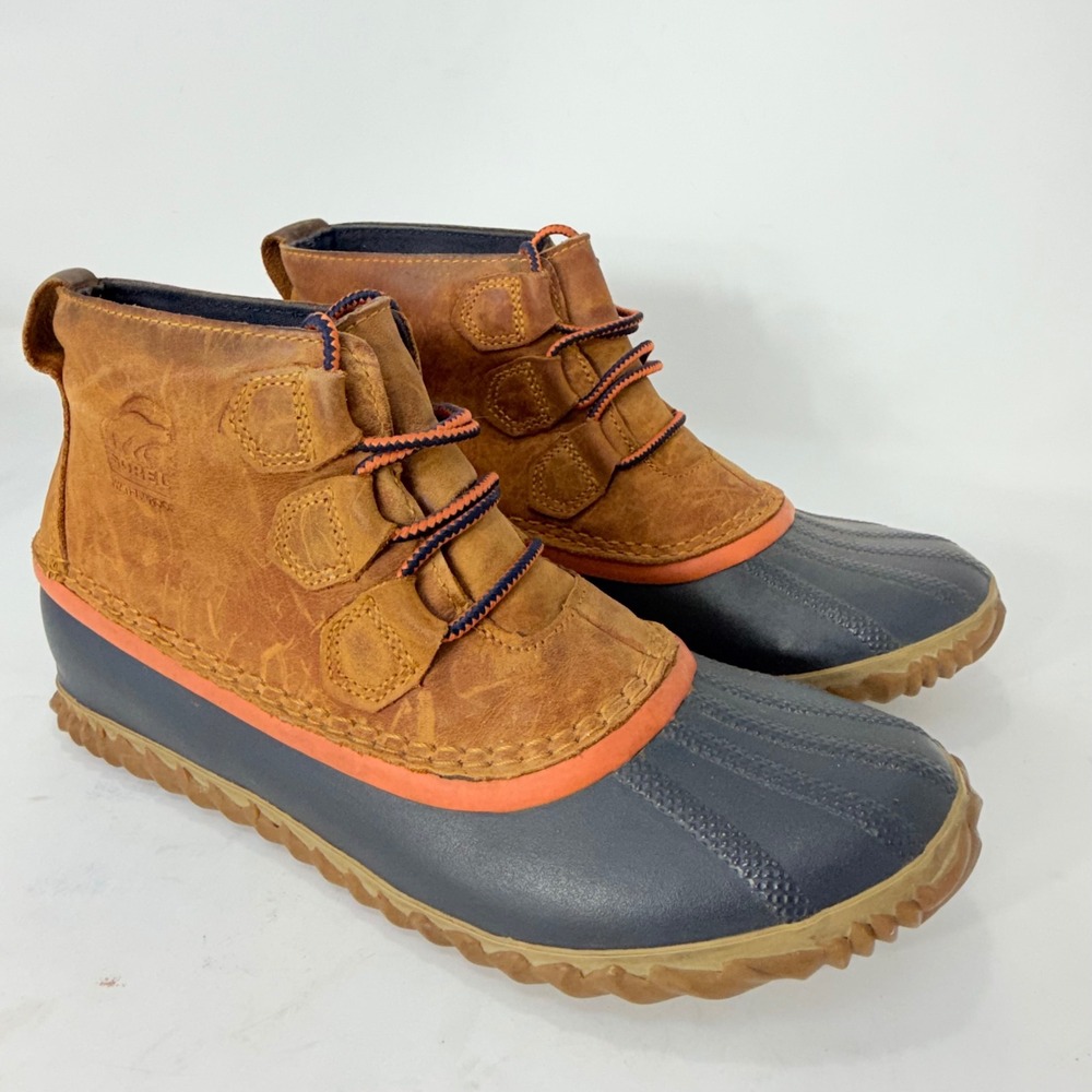Sorel Out N About Leather Duck Boots Elk Navy Orange Waterproof NL2133-273 W 8